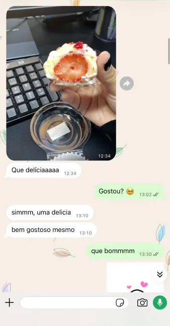 Mensagem de cliente no WhatsApp: Que delícia, bem gostoso mesmo.
